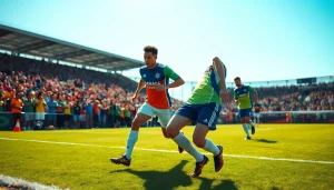 Cheerful players showcasing team football kits in action on a bright field.