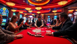 Join the excitement at Hi 88 as players engage in a lively blackjack game, surrounded by vibrant casino flair.