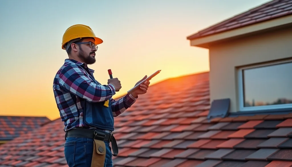 Inspecting high-quality roofing solutions on a residential roof under a vibrant sunset.