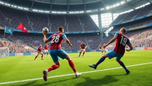 Watch intense koora action as players strive for victory in a vibrant stadium scene.