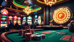 KJC players enjoying thrilling action at a vibrant casino, with poker chips and slot machines in view.