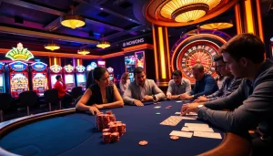 MM88 players engaging at a high-stakes poker table in a vibrant casino.