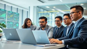 A dynamic scene featuring an seo company in malaysia analyzing data with modern technologies.