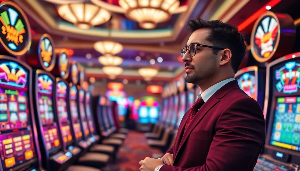 Permainan slot gacor hari ini yang menarik dengan slot machines berkilau dan suasana kasino yang hidup.