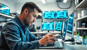 Offering reliable computer services with a technician repairing a laptop in a bright office.