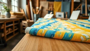 Canvas stoffen op houten tafel benadrukken de textuur en kleuren van creatieve projecten.