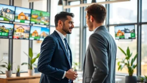 Real Estate agent engaging with a client in a bright modern office setting.