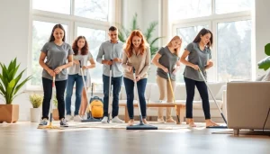 Show a professional cleaning service team ensuring a spotless living room.