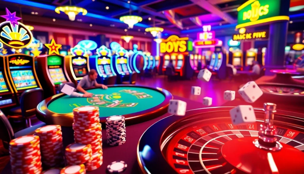 The KJC AC 3 casino environment showcasing vibrant tables, cards, and slot machines filled with excitement.