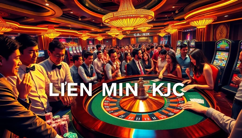 Experience the thrill of LIÊN MINH KJC at a vibrant casino with roulette tables, lively players, and colorful slot machines.