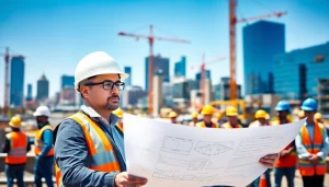 New York Construction Manager engaging with team members at an urban construction site.