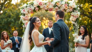 Tampa FL wedding photographers capturing a couple exchanging vows in a vibrant outdoor ceremony.