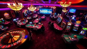 Discover thrilling gambling action featuring hi88vip6 as players strategize at poker tables and enjoy the excitement of roulette.