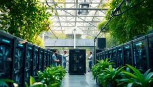 Smart cloud mining facility integrating renewable energy sources for sustainable cryptocurrency production.