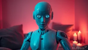 AI sex robot in a cozy setting, showcasing advanced intimacy technology.