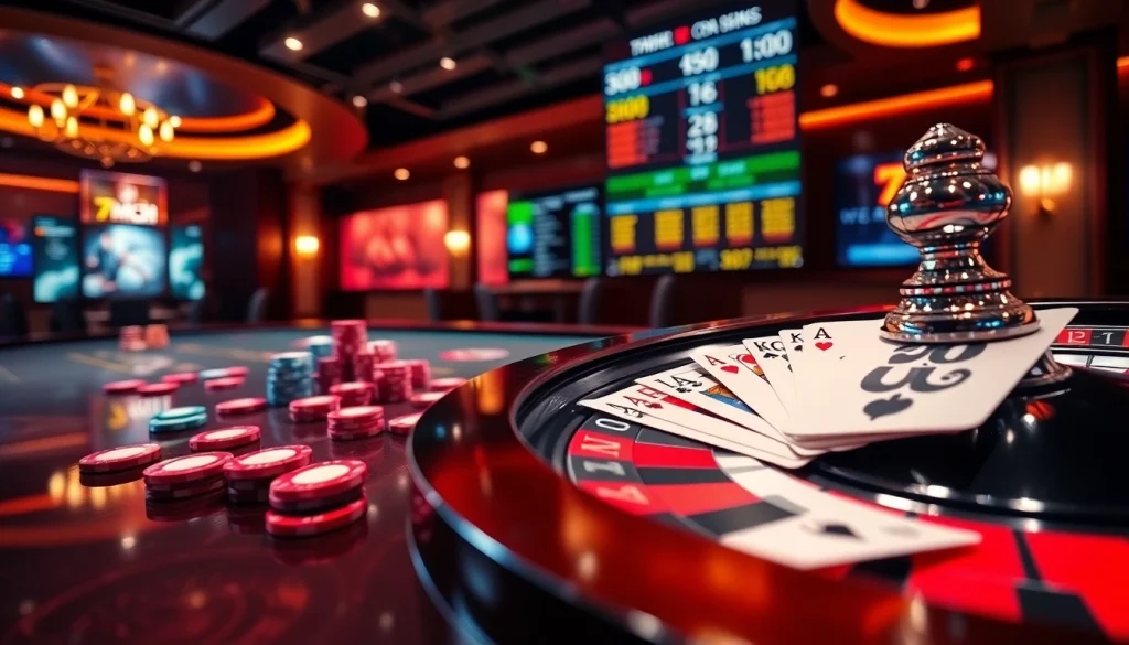 Engaging gambling scene featuring lively poker chips and roulette wheel with 7m cn odds displayed.