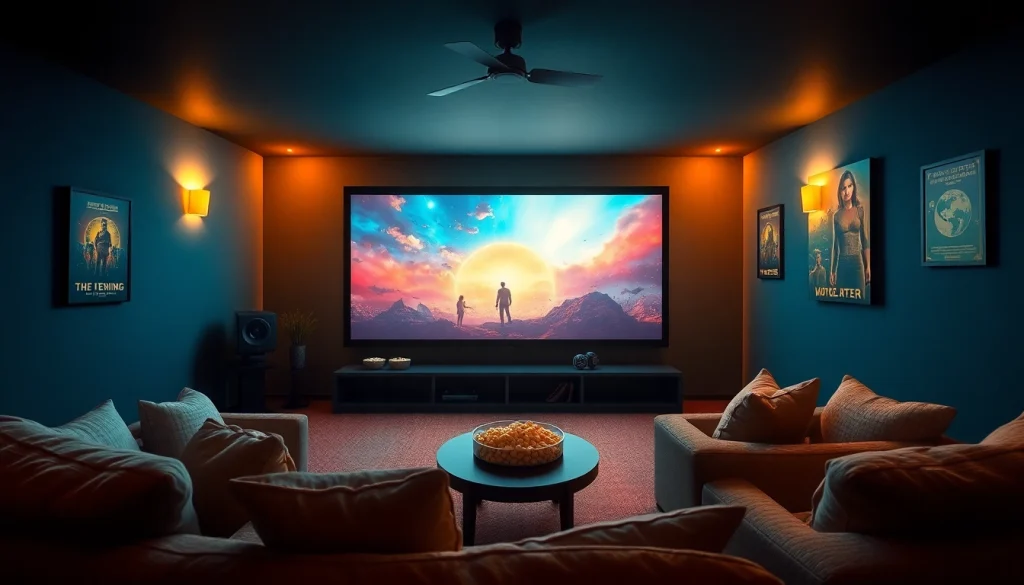 Experience filme noi in a cozy home theater setting, featuring ambient lighting and plush seating.