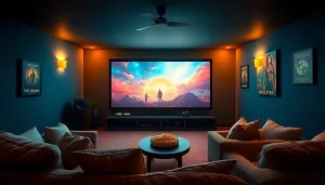 Experience filme noi in a cozy home theater setting, featuring ambient lighting and plush seating.