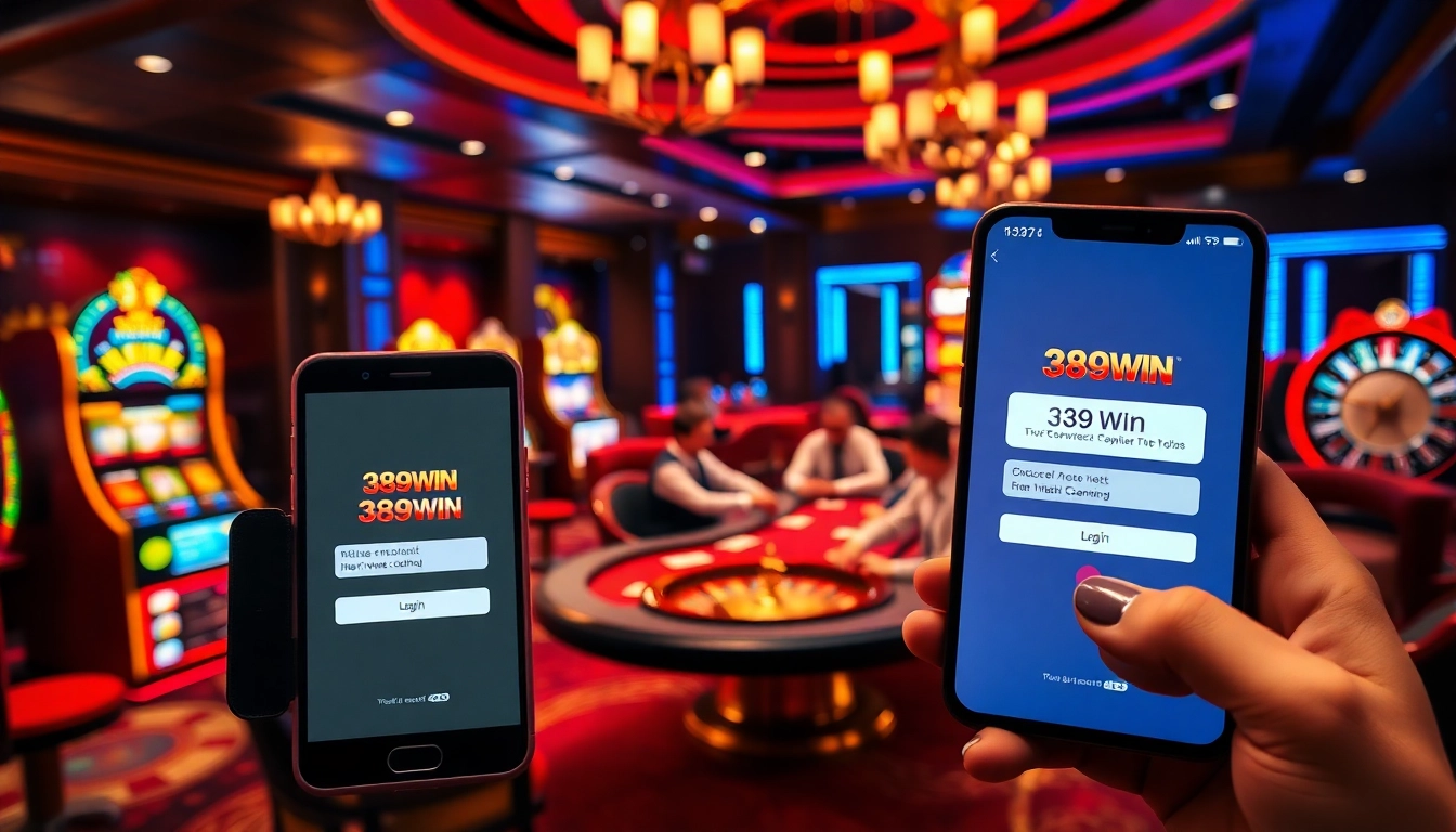 389WIN Login screen displayed among vibrant casino gaming tables, emphasizing online excitement.