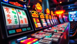 Mainkan mahjong slot dengan mesin berisi tile berwarna-warni di latar kasino yang ceria.