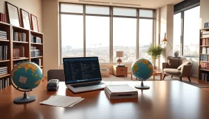 Traducteur assermenté à Marseille, bureau professionnel équipé d’outils de traduction et d’une vue sur la ville.