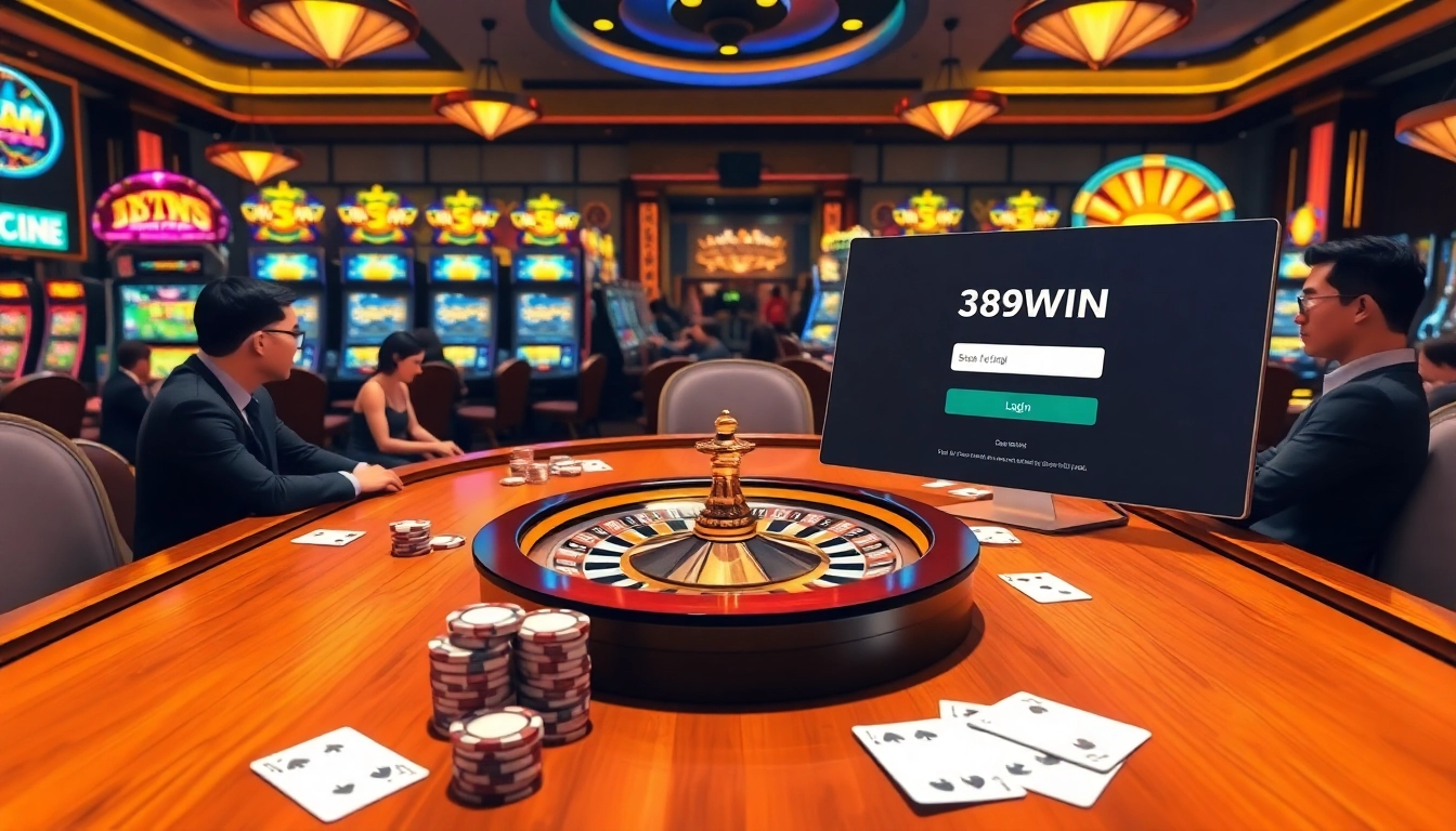 Engaging scene of players at a luxurious poker table, highlighting 389WIN Login for optimal gaming experience.