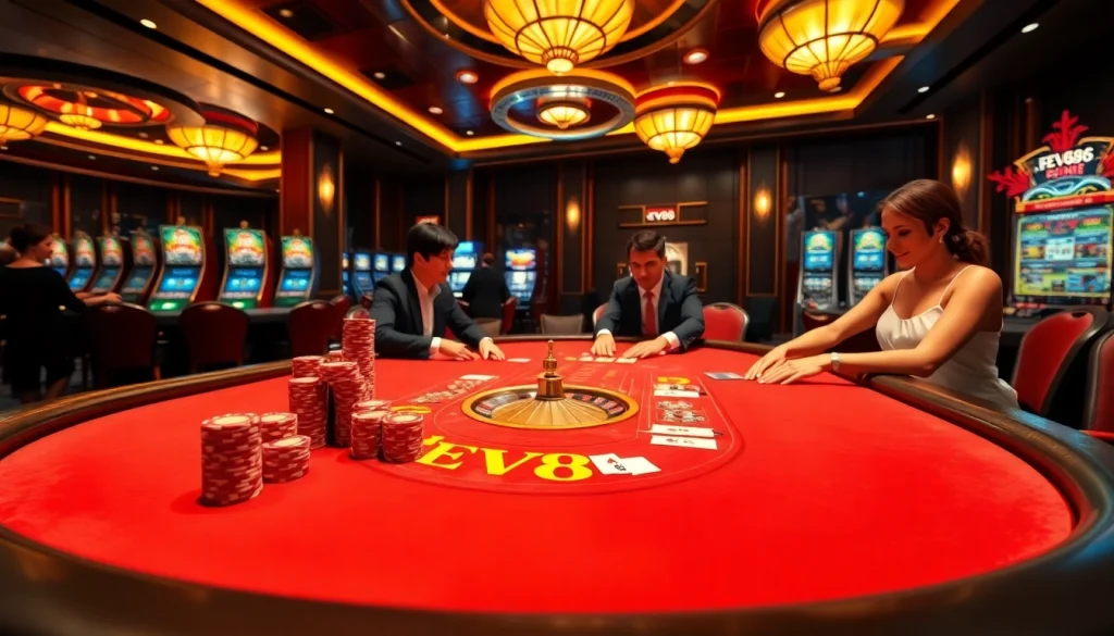 Play exciting games at the EV88 casino with vibrant tables and elegant players.