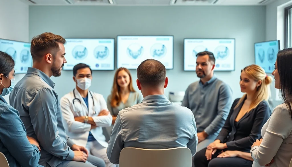 Patients in a hair transplant consultation focusing on the procedure details in a modern clinic.