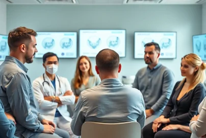 Patients in a hair transplant consultation focusing on the procedure details in a modern clinic.