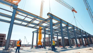 Workers coordinating structural steel installation on a construction site, ensuring precision and safety.