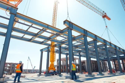 Workers coordinating structural steel installation on a construction site, ensuring precision and safety.