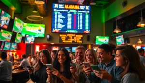 Excited friends enjoying Alabama sports betting in a lively sports bar atmosphere