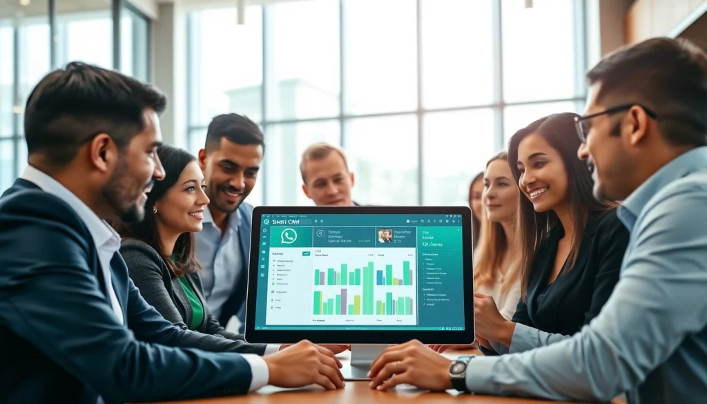 Engaged team discussing features of WhatsApp Smart CRM in a modern office setting.