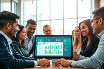 Engaged team discussing features of WhatsApp Smart CRM in a modern office setting.