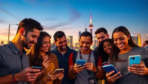 Engaged bettors participating in Canada sports betting with mobile devices against a vibrant Canadian backdrop.