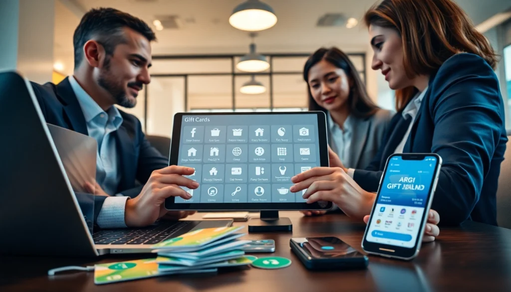 현대적인 사무환경에서 상품권카드 옵션을 논의하는 비즈니스 전문가들.