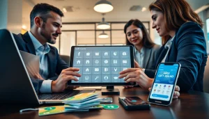 현대적인 사무환경에서 상품권카드 옵션을 논의하는 비즈니스 전문가들.