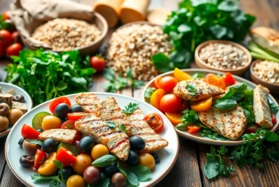 Delicious Mediterranean diet meals highlighting fresh ingredients and vibrant colors on a rustic table.