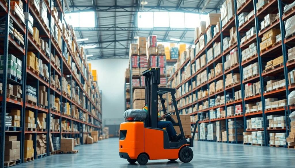 Warehouse worker operating a forklift in a spacious, organized warehouse.