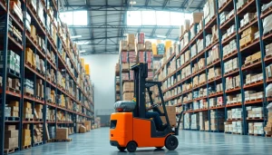 Warehouse worker operating a forklift in a spacious, organized warehouse.