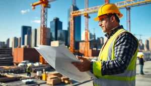 Engaged New York City Commercial General Contractor reviewing plans at construction site.