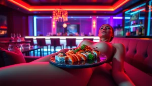 Body sushi elegantly served at Club Noir, St Martin, in an upscale nightlife setting.