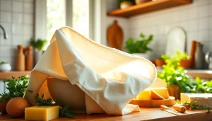 Kaasdoek in een heldere keuken met verse ingrediënten eromheen.