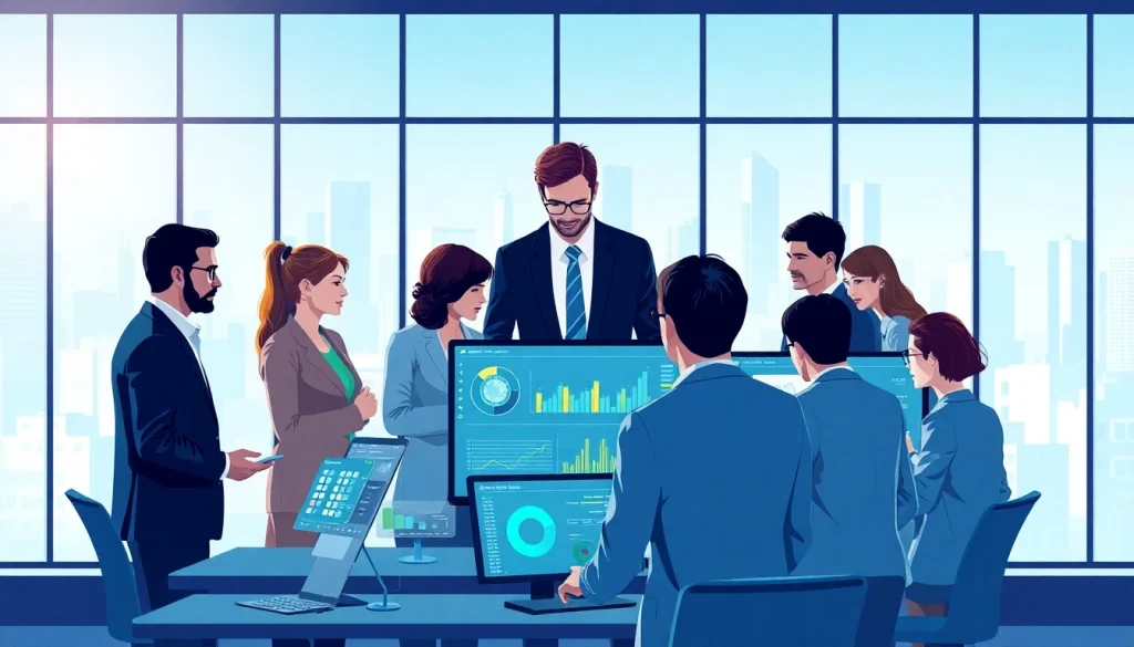 Team analyzing competitive intelligence data with vibrant visuals in a modern office.