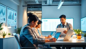 Engaging professionals using online email verification tools in a modern office setting.