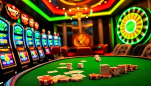 Gamblers enjoying their luck at Slot777-themed slot machines and casino tables.