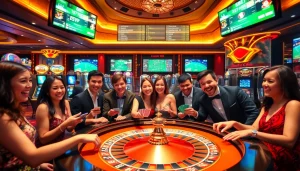 A thrilling gambling scene with diverse players engaged at a roulette table, showcasing link to w88 in a vibrant casino atmosphere.