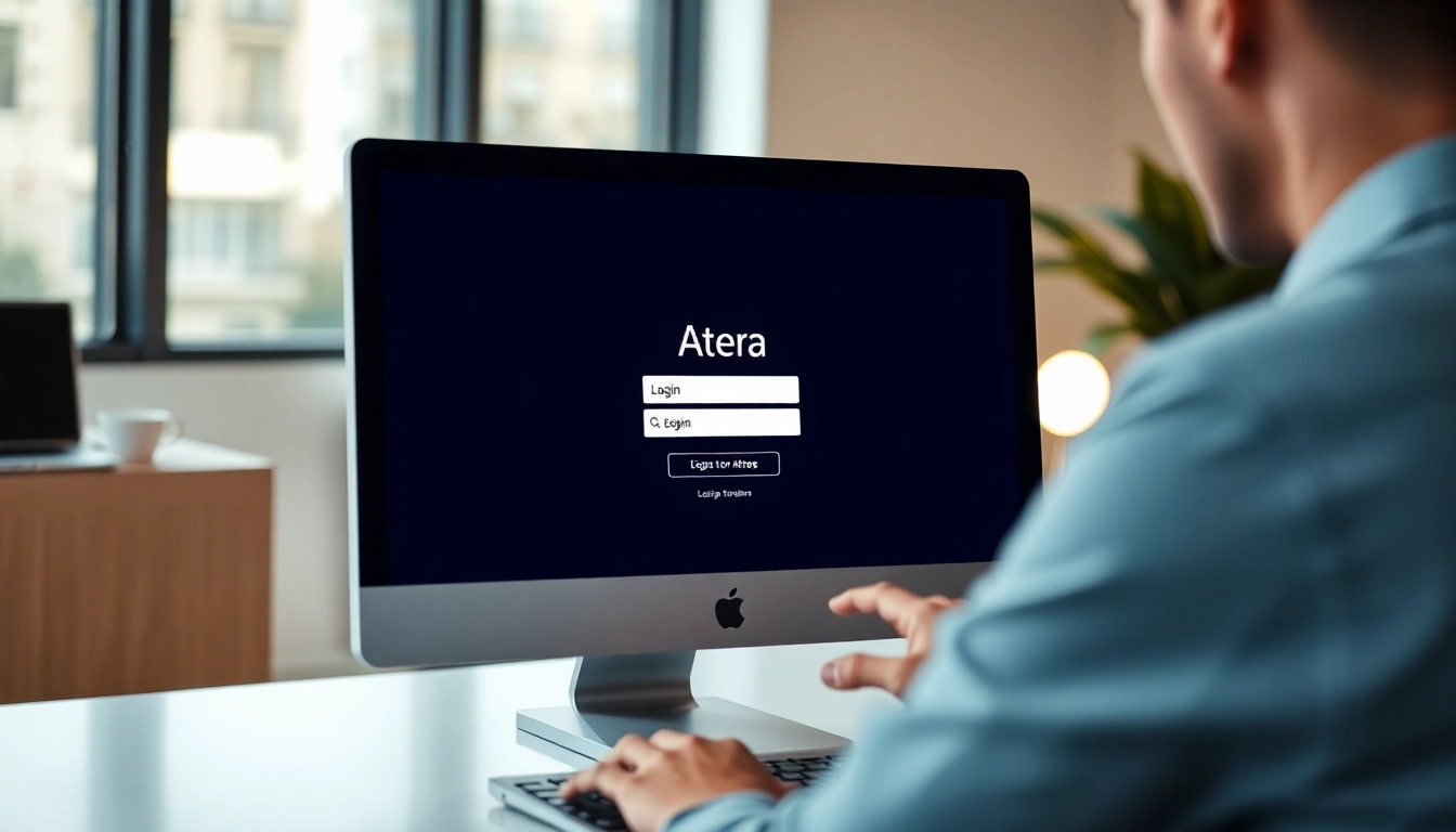 Atera login page displayed on a computer screen while a user enters their credentials securely.