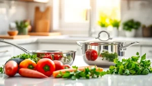 Showcasing stainless steel cookware NZ with fresh vegetables and herbs, reflecting a modern kitchen.