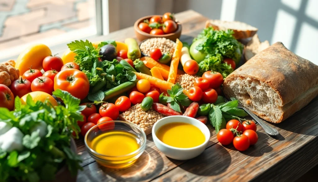 Delicious Mediterranean diet meal displaying vibrant fruits, vegetables, and olive oil on a wooden table.